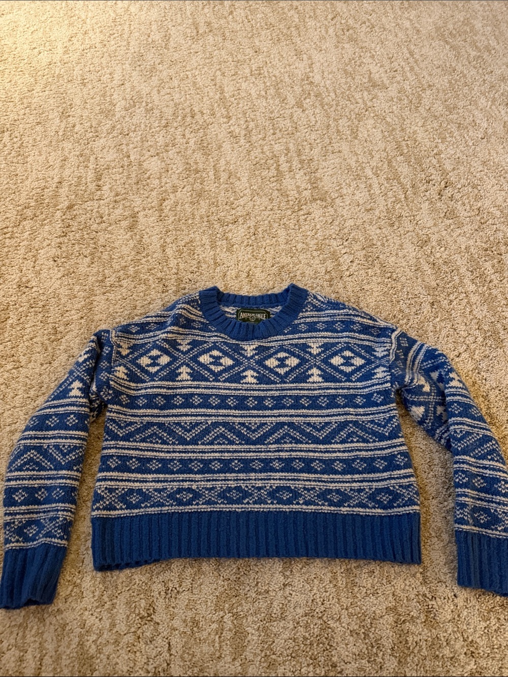 American Eagle Outfitters Blue and Cream Fair Isle Crewneck Sweater sz XS